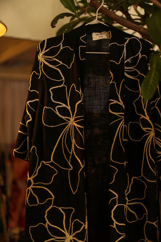 BLACK LINEN EMBROIDERED KIMONO MARIETTA - sustainably made MOMO NEW YORK sustainable clothing, slow fashion