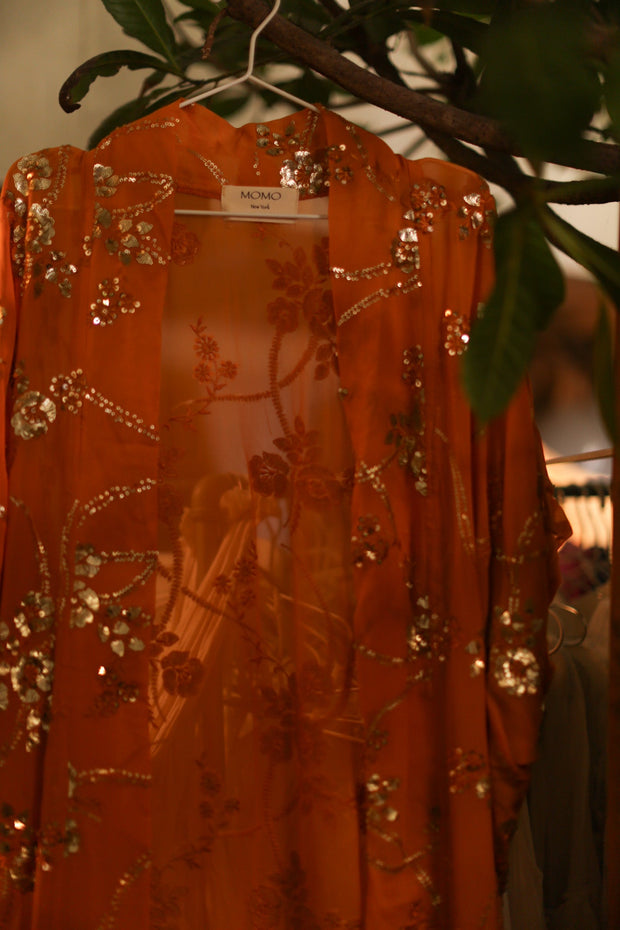 ORANGE SILK SEQUIN EMBROIDERED KIMONO ODO - sustainably made MOMO NEW YORK sustainable clothing, slow fashion