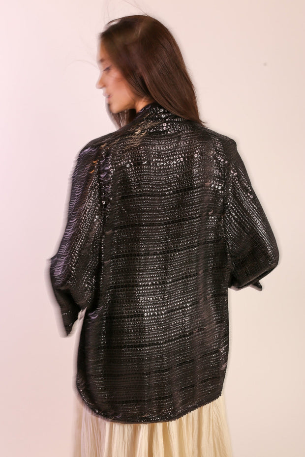 SEQUIN EMBROIDERED SHORT KIMONO MIDI - sustainably made MOMO NEW YORK sustainable clothing, new slow fashion