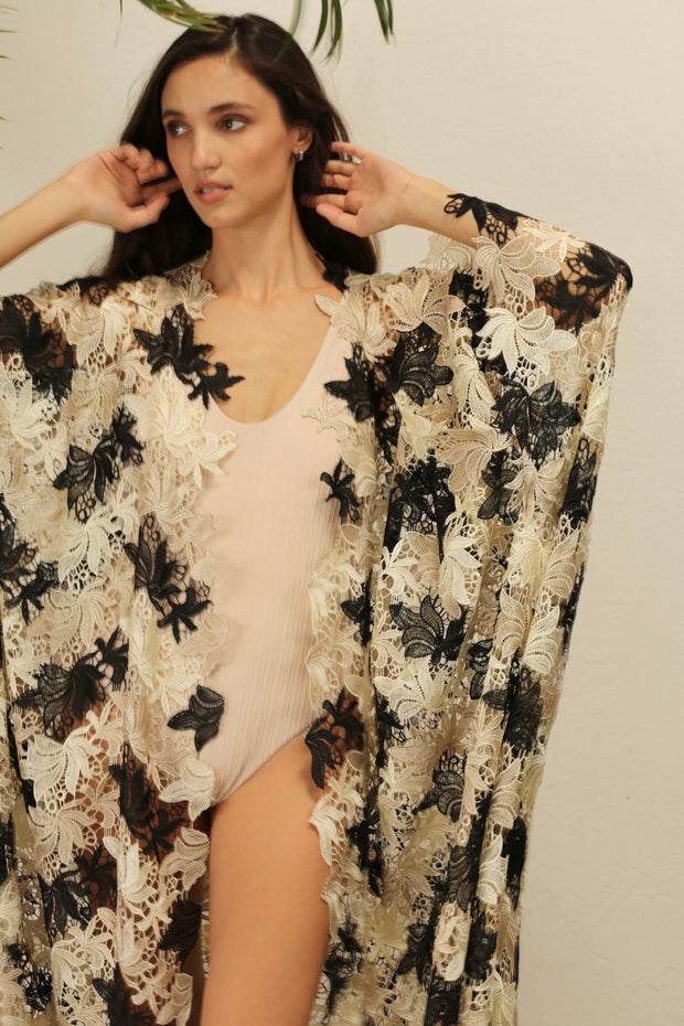 ACANTHA FLOWER LACE KIMONO - sustainably made MOMO NEW YORK sustainable clothing, Embroidered Kimono slow fashion