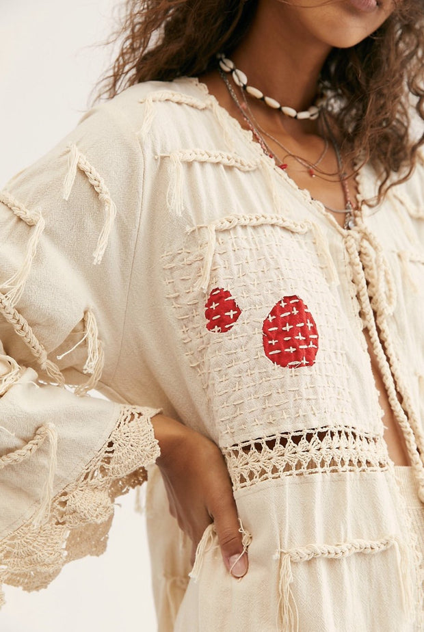 Amelia Crochet Fringe Kimono X FREE PEOPLE - sustainably made MOMO NEW YORK sustainable clothing, crochet slow fashion