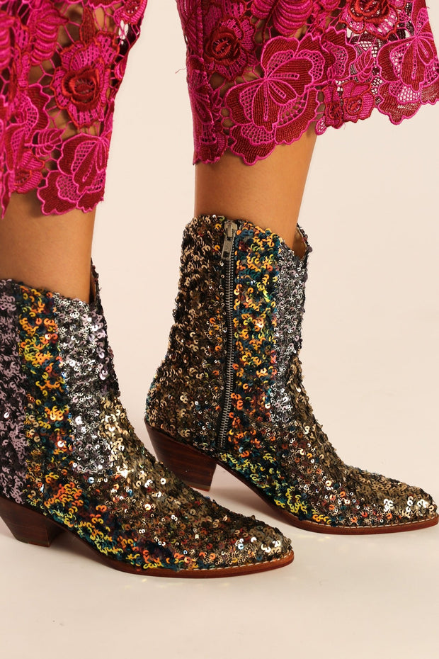 ASTERIA SEQUIN ANKLE BOOTS X FREE PEOPLE - sustainably made MOMO NEW YORK sustainable clothing, boots slow fashion