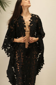 BLACK COTON LACE FLOWER KIMONO - sustainably made MOMO NEW YORK sustainable clothing, Embroidered Kimono slow fashion