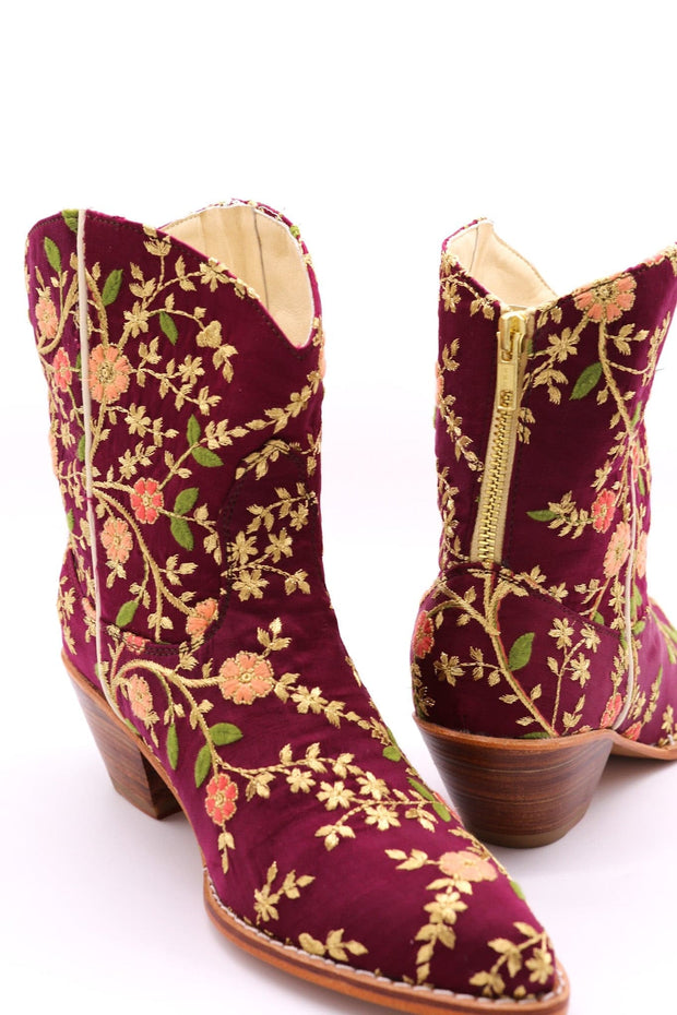 EMBROIDERED BOOTS ELOISE BURGUNDY RED - sustainably made MOMO NEW YORK sustainable clothing, boots slow fashion