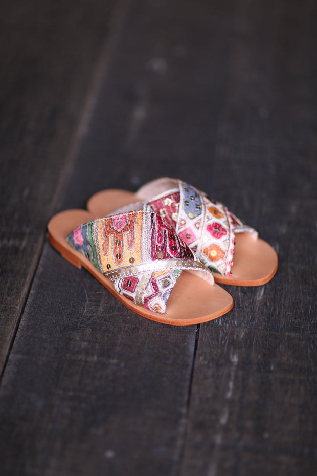 EMBROIDERED LEATHER SLIP ON SANDALS TRIBECA - sustainably made MOMO NEW YORK sustainable clothing, sandals slow fashion