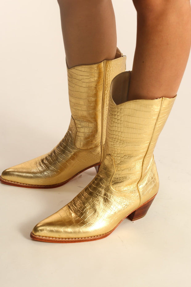 GOLDEN LEATHER WESTERN BOOTS SALA - sustainably made MOMO NEW YORK sustainable clothing, samplesaleshoe0123 slow fashion