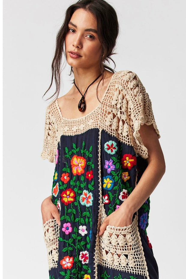 ISABELLA EMBROIDERED CROCHET KAFTAN X FREE PEOPLE - sustainably made MOMO NEW YORK sustainable clothing, crochet slow fashion