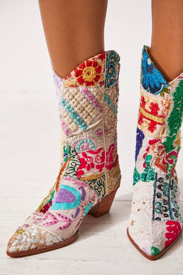 SELINA PATCHWORK WESTERN BOOTS X FREE PEOPLE - sustainably made MOMO NEW YORK sustainable clothing, boots slow fashion