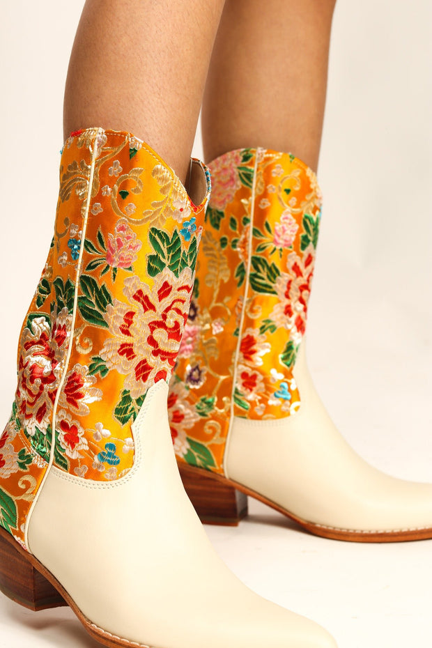 SELINA WESTERN BOOTS CHINESE SILK - sustainably made MOMO NEW YORK sustainable clothing, fall22 slow fashion