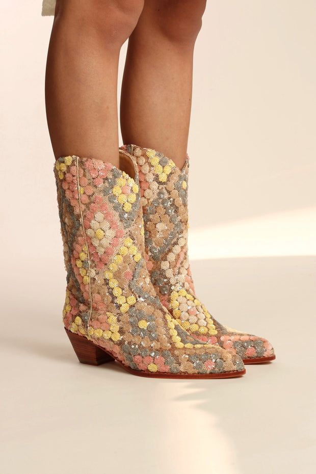 SEQUIN EMBROIDERED SILK WESTERN BOOTS NAHOME - sustainably made MOMO NEW YORK sustainable clothing, boots slow fashion