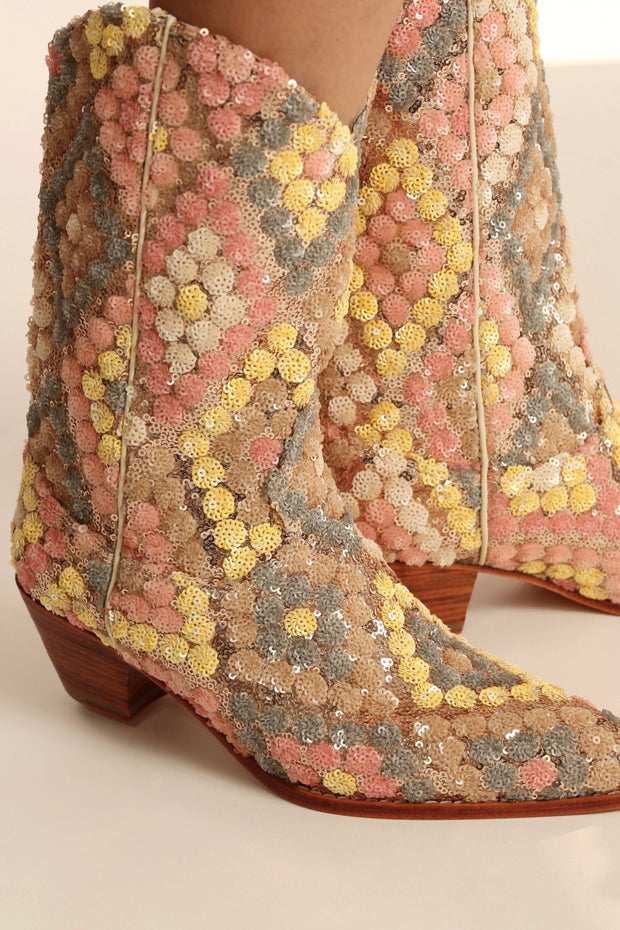 SEQUIN EMBROIDERED SILK WESTERN BOOTS NAHOME - sustainably made MOMO NEW YORK sustainable clothing, boots slow fashion