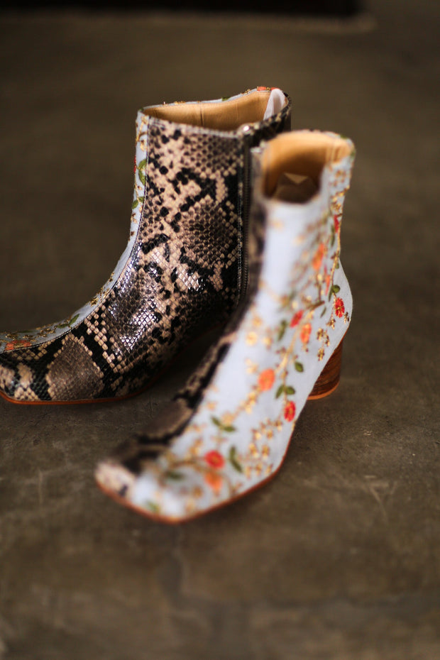 SPLIT SNAKE SKIN LEATHER EMBROIDERED SILK BOOTS - sustainably made MOMO NEW YORK sustainable clothing, boots slow fashion