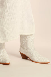 WHITE EMBROIDERED SEQUIN WEDDING BOOTS ODE - sustainably made MOMO NEW YORK sustainable clothing, boots slow fashion