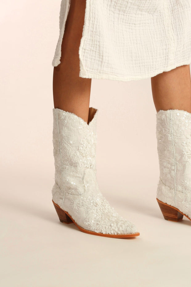 WHITE EMBROIDERED SEQUIN WEDDING BOOTS ODE - sustainably made MOMO NEW YORK sustainable clothing, boots slow fashion