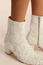 WHITE SEQUIN EMBROIDERED WEDDING BOOTS ODECIA - sustainably made MOMO NEW YORK sustainable clothing, boots slow fashion