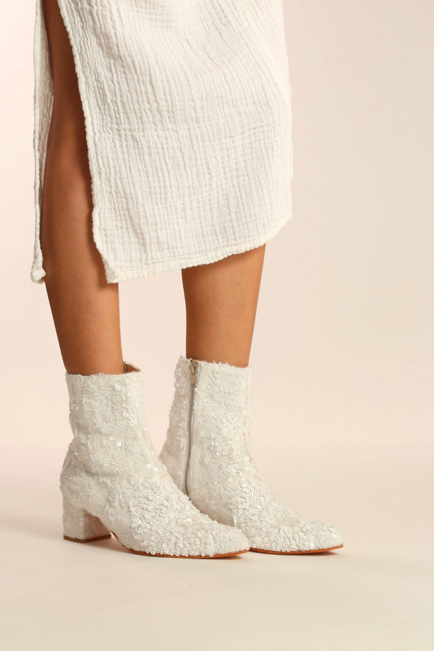 WHITE SEQUIN EMBROIDERED WEDDING BOOTS ODECIA - sustainably made MOMO NEW YORK sustainable clothing, boots slow fashion