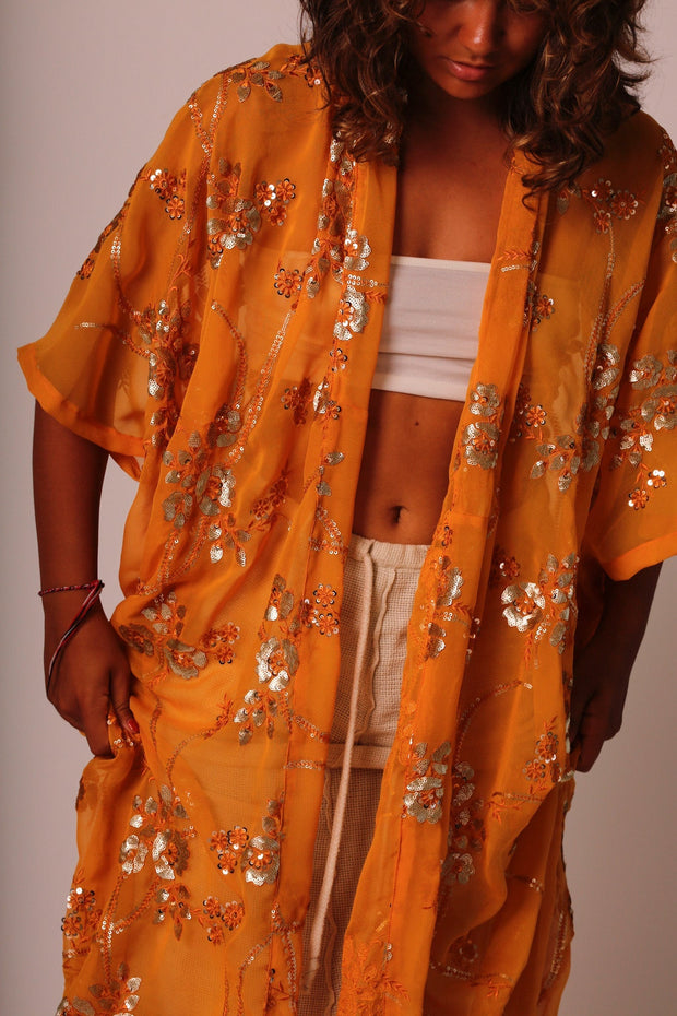 YELLOW ORANGE KIMONO LYSA - sustainably made MOMO NEW YORK sustainable clothing, Kimono slow fashion