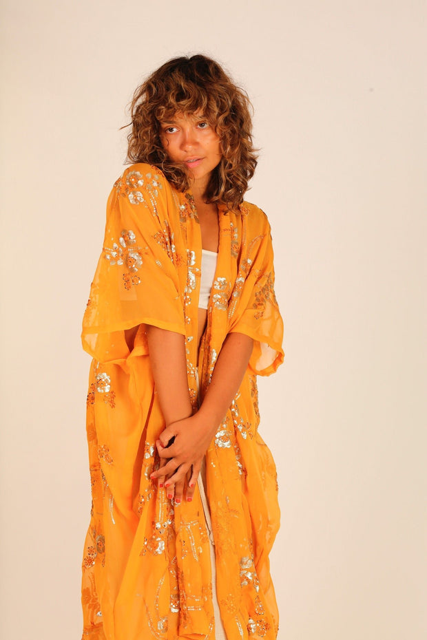 YELLOW ORANGE KIMONO LYSA - sustainably made MOMO NEW YORK sustainable clothing, Kimono slow fashion